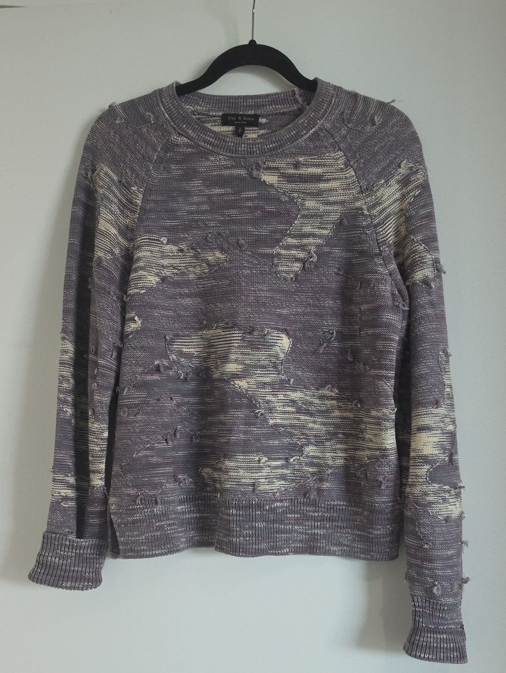 rag & bone Marled Purple and Cream Distressed Crewneck Sweater